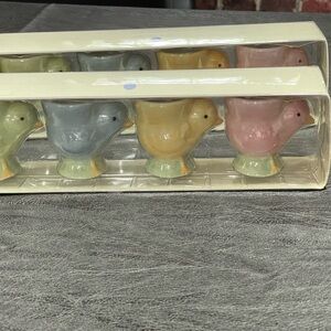 2 Pottery Barn Pastel Ceramic chick egg holders. Green, Blue, Yellow, and Pink